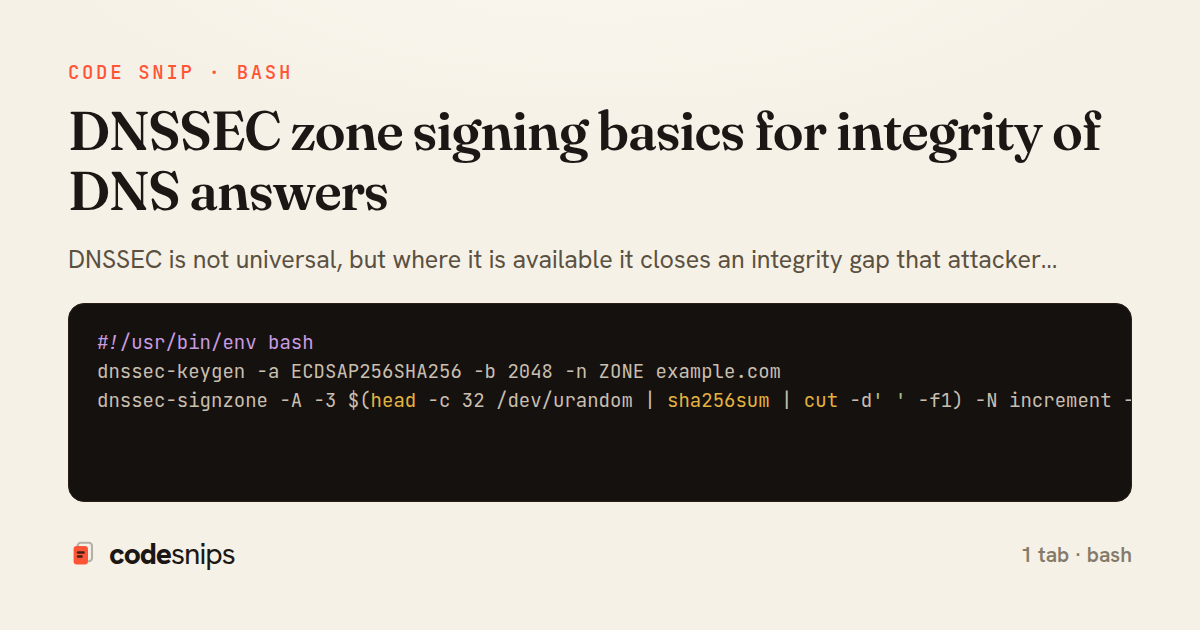 DNSSEC zone signing basics for integrity of DNS answers — share card