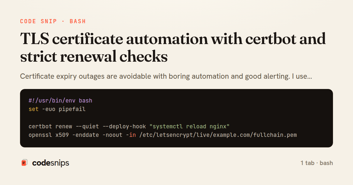 TLS certificate automation with certbot and strict renewal checks — share card
