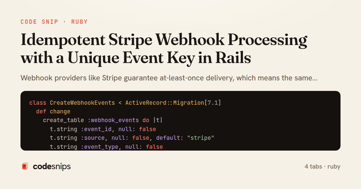 Idempotent Stripe Webhook Processing with a Unique Event Key in Rails — share card