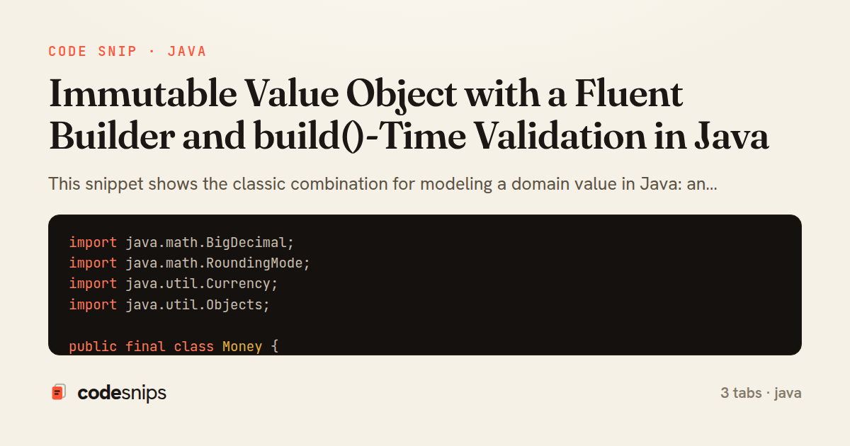 Immutable Value Object with a Fluent Builder and build()-Time Validation in Java — share card
