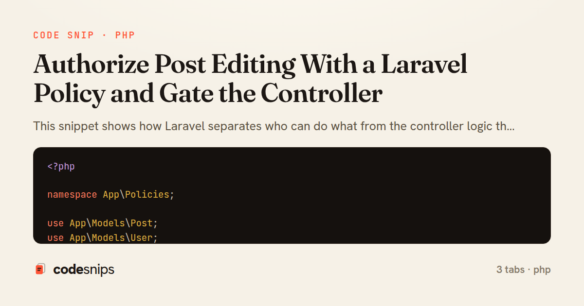 Authorize Post Editing With a Laravel Policy and Gate the Controller — share card