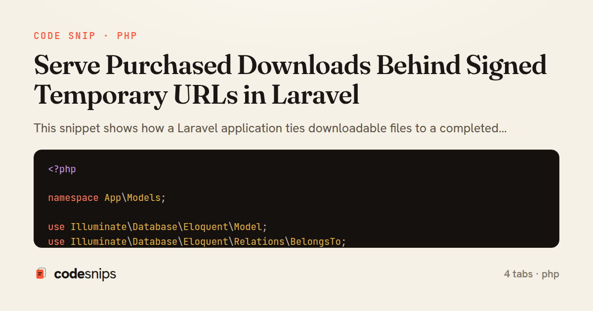 Serve Purchased Downloads Behind Signed Temporary URLs in Laravel — share card