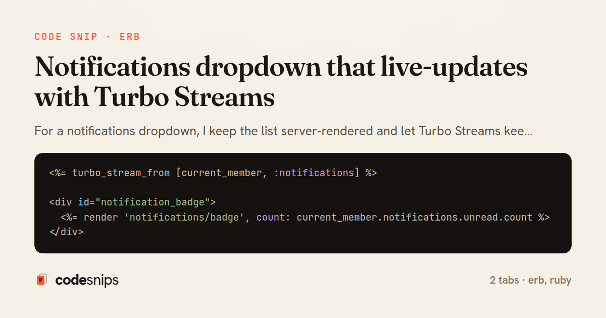 Notifications dropdown that live-updates with Turbo Streams — share card