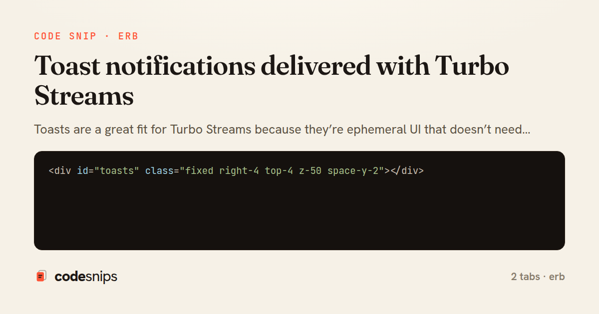 Toast notifications delivered with Turbo Streams — share card