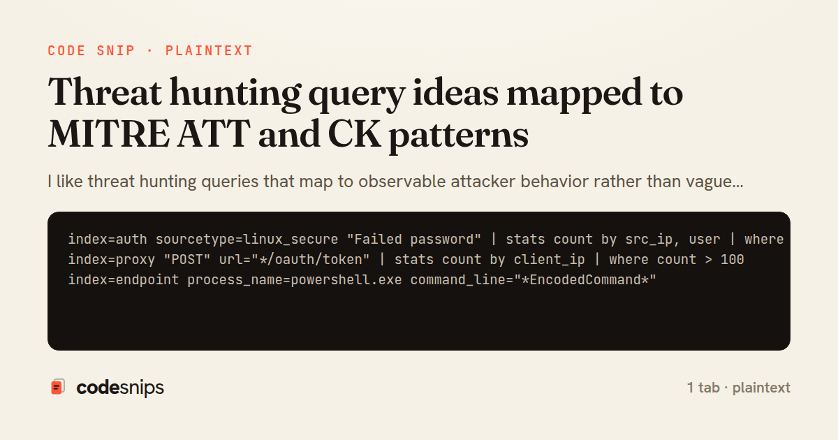 Threat hunting query ideas mapped to MITRE ATT and CK patterns — share card