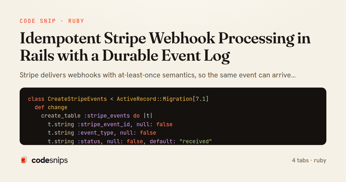 Idempotent Stripe Webhook Processing in Rails with a Durable Event Log — share card