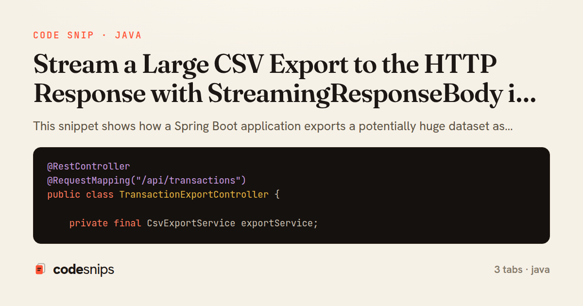 Stream a Large CSV Export to the HTTP Response with StreamingResponseBody in Spring Boot — share card
