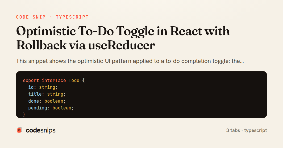 Optimistic To-Do Toggle in React with Rollback via useReducer — share card