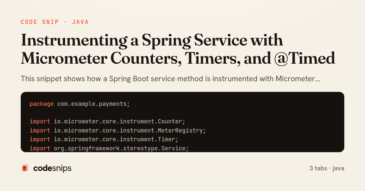 Instrumenting a Spring Service with Micrometer Counters, Timers, and @Timed — share card