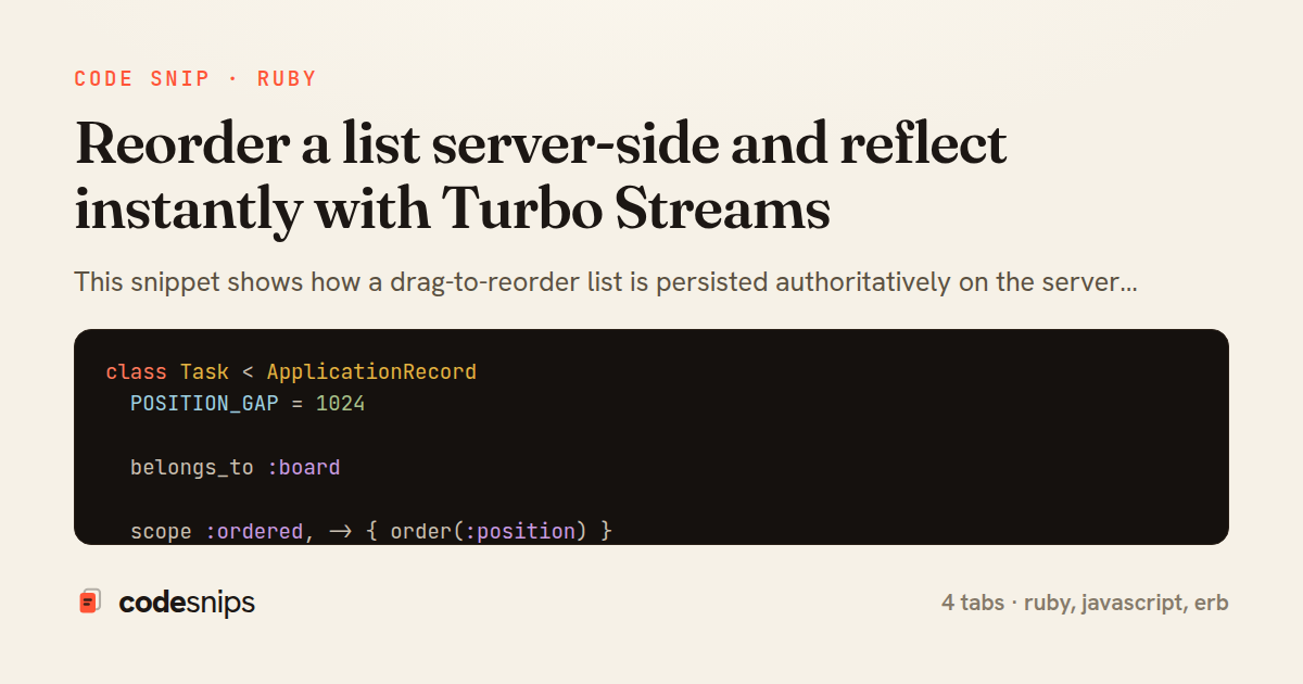 Reorder a list server-side and reflect instantly with Turbo Streams — share card
