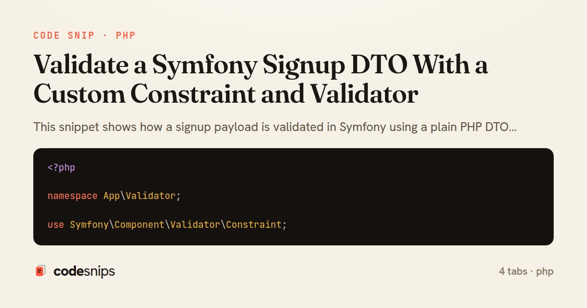 Validate a Symfony Signup DTO With a Custom Constraint and Validator — share card