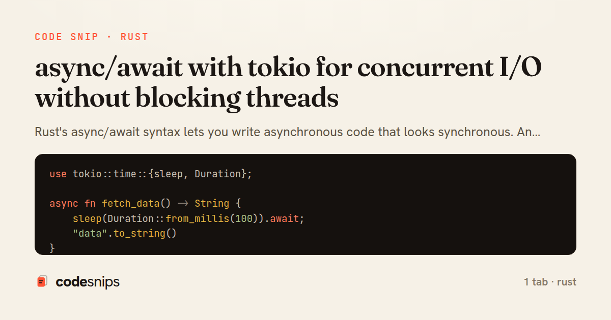 async/await with tokio for concurrent I/O without blocking threads — share card