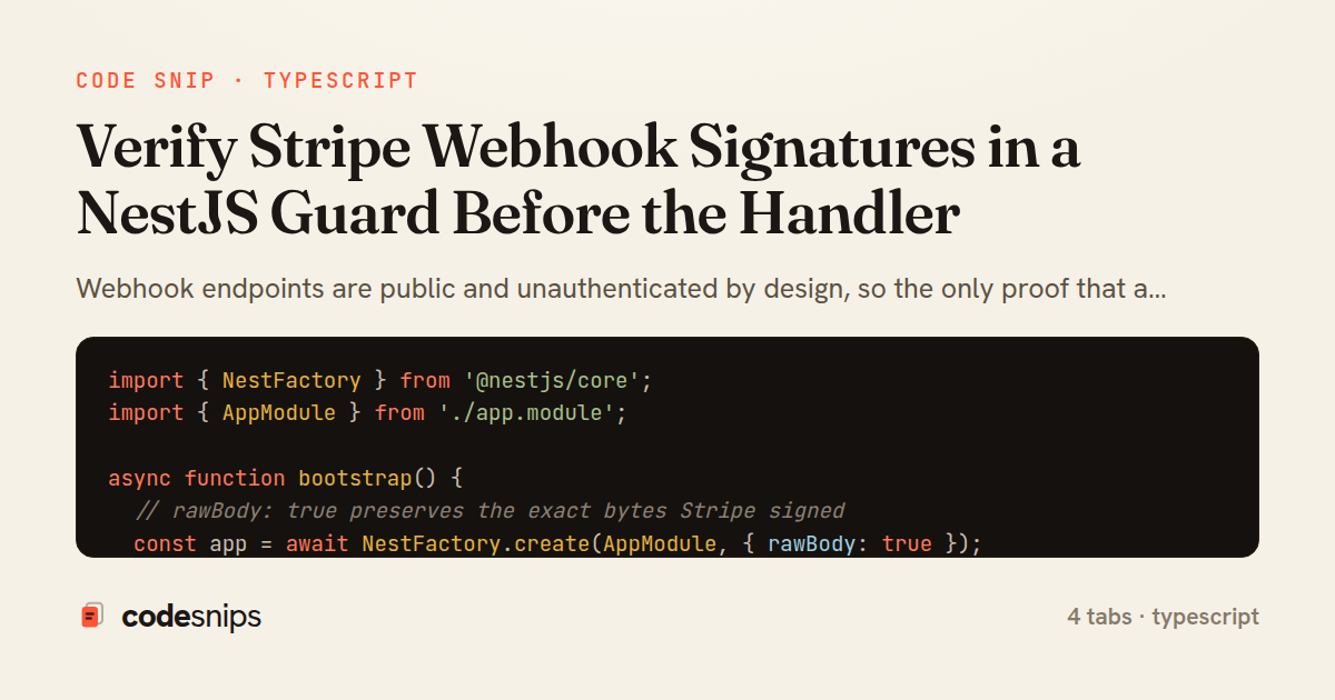 Verify Stripe Webhook Signatures in a NestJS Guard Before the Handler — share card