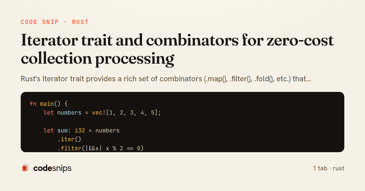 Iterator trait and combinators for zero-cost collection processing — share card