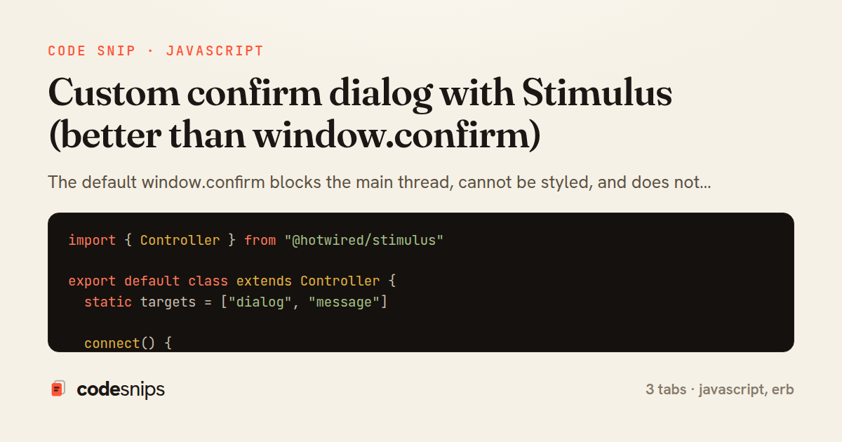 Custom confirm dialog with Stimulus (better than window.confirm) — share card