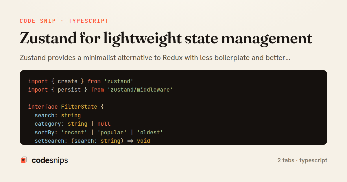 Zustand for lightweight state management — share card