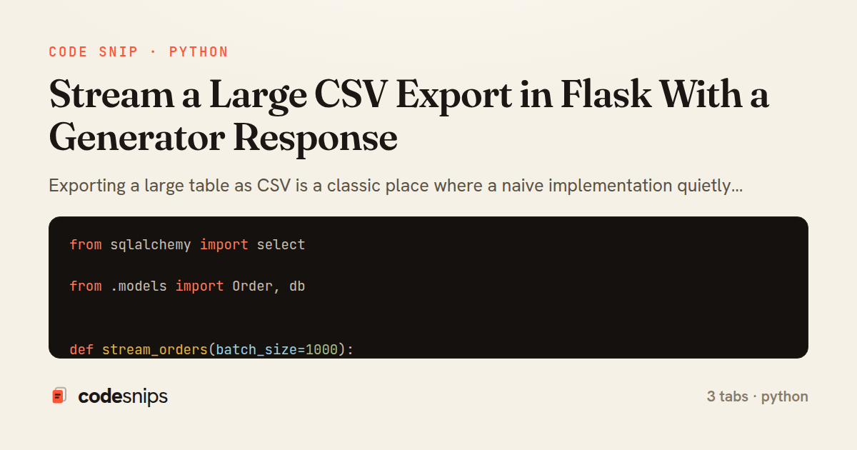 Stream a Large CSV Export in Flask With a Generator Response — share card