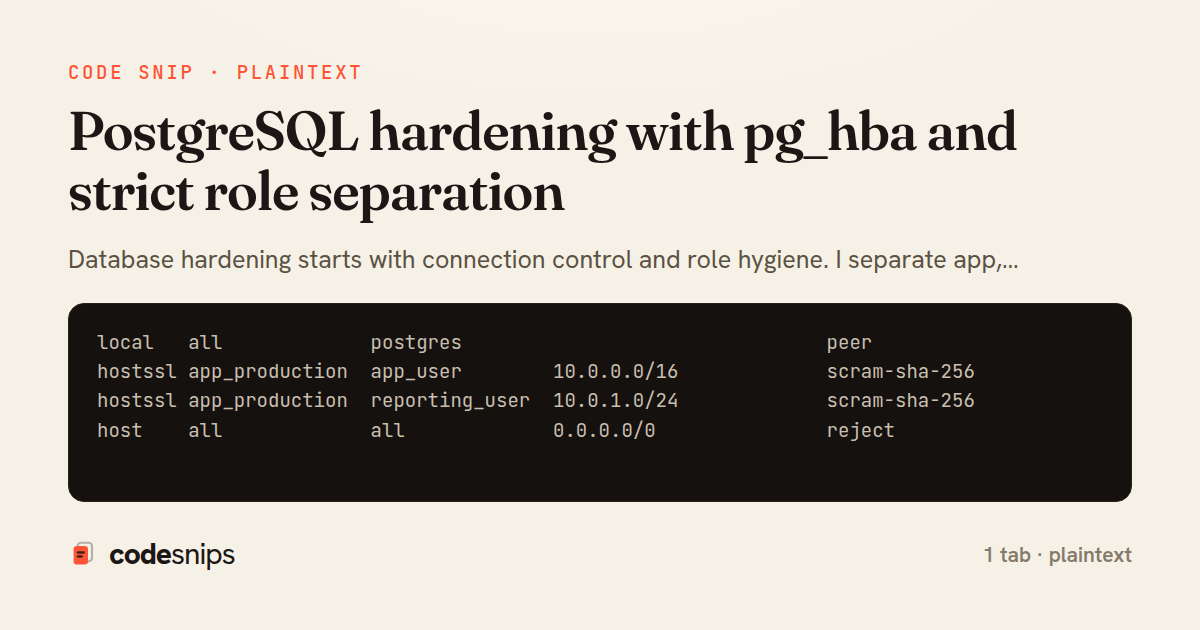 PostgreSQL hardening with pg_hba and strict role separation — share card