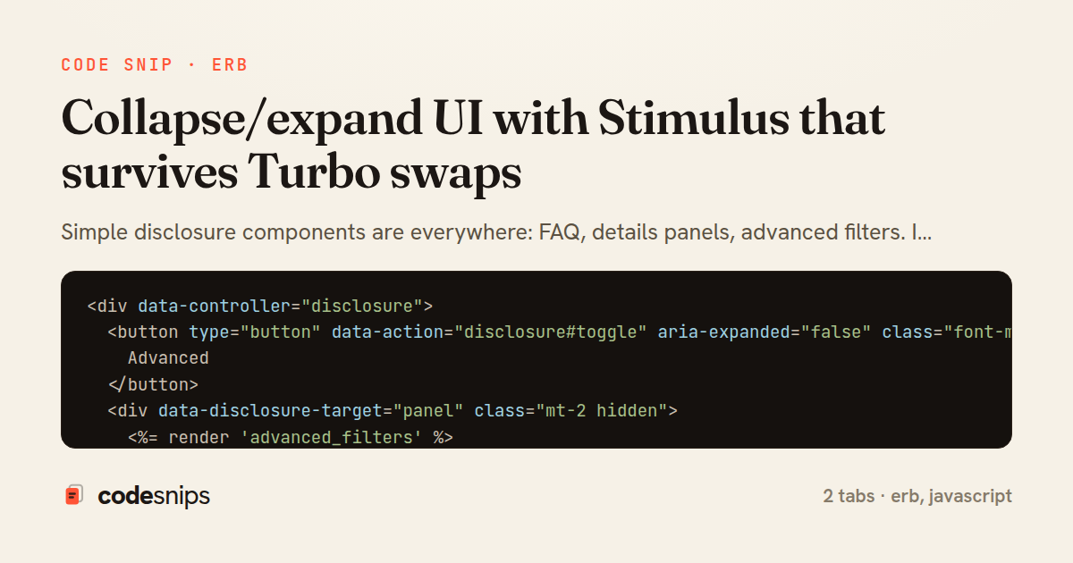 Collapse/expand UI with Stimulus that survives Turbo swaps — share card