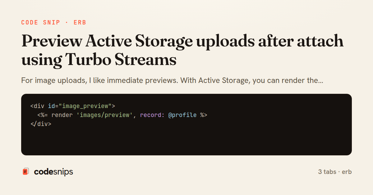 Preview Active Storage uploads after attach using Turbo Streams — share card