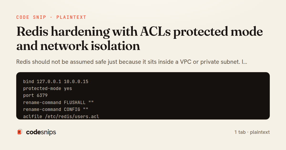 Redis hardening with ACLs protected mode and network isolation — share card