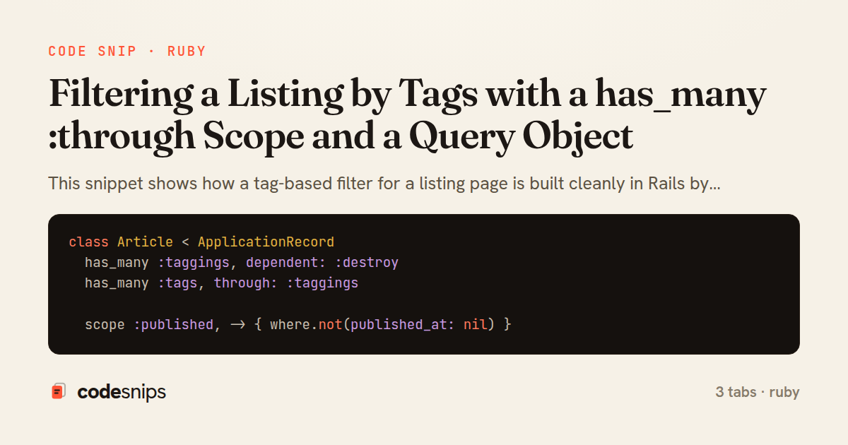 Filtering a Listing by Tags with a has_many :through Scope and a Query Object — share card