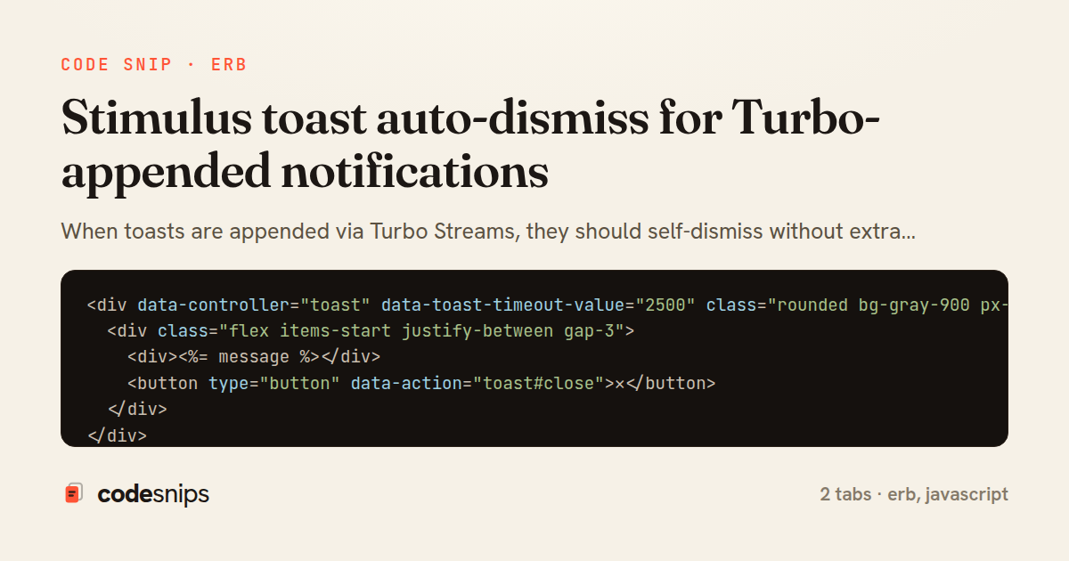 Stimulus toast auto-dismiss for Turbo-appended notifications — share card