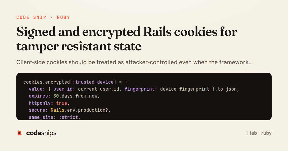 Signed and encrypted Rails cookies for tamper resistant state — share card