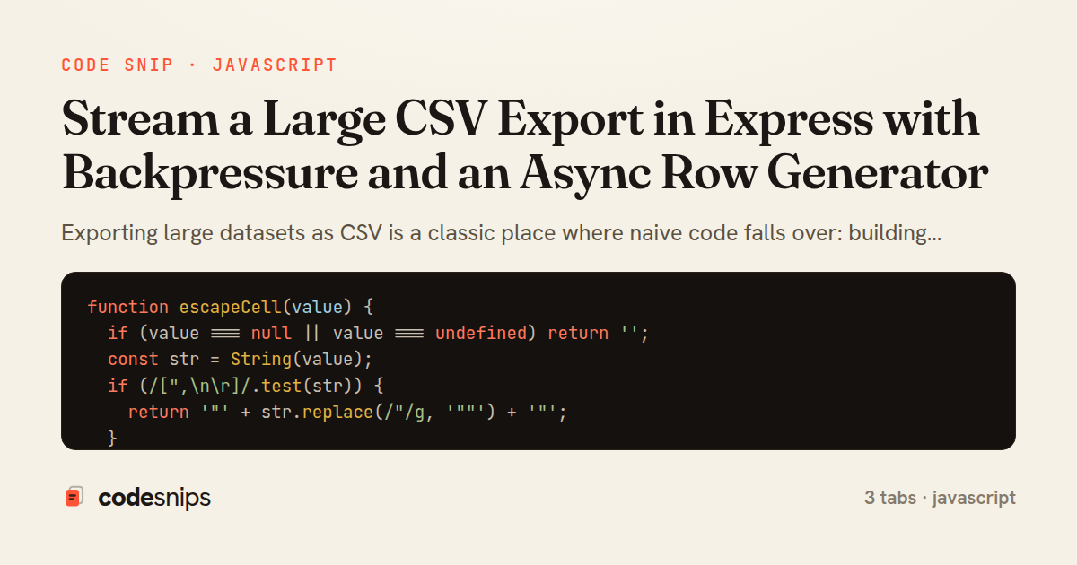Stream a Large CSV Export in Express with Backpressure and an Async Row Generator — share card