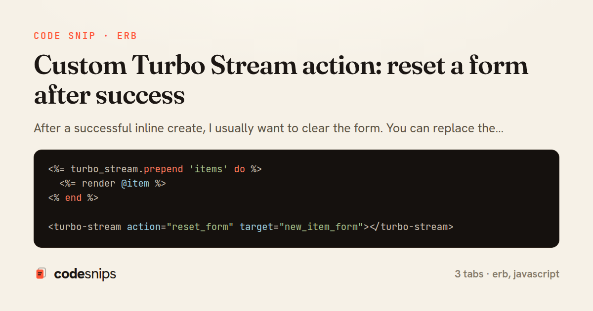 Custom Turbo Stream action: reset a form after success — share card