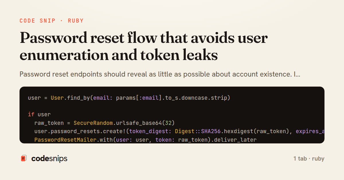 Password reset flow that avoids user enumeration and token leaks — share card