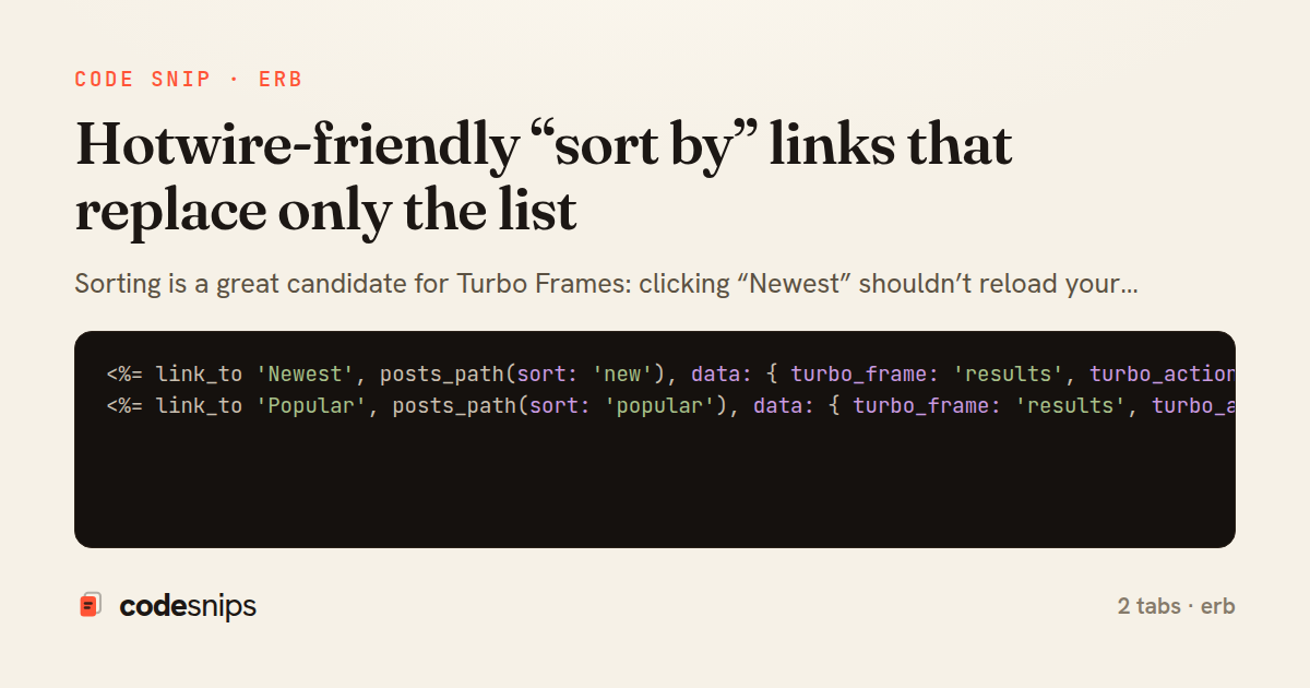 Hotwire-friendly “sort by” links that replace only the list — share card