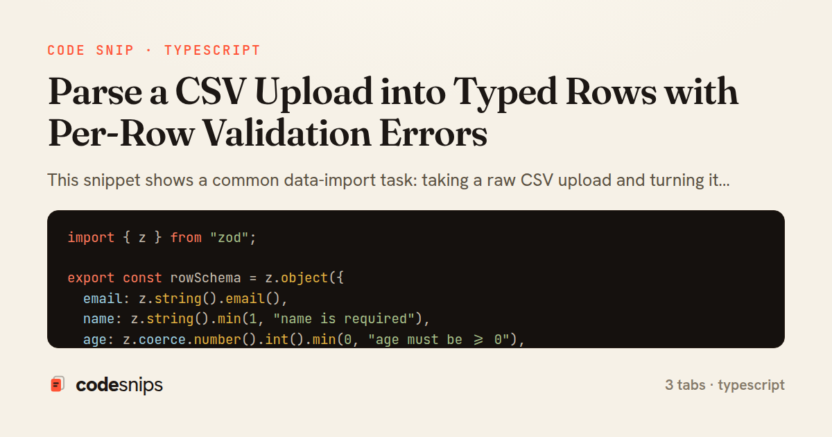 Parse a CSV Upload into Typed Rows with Per-Row Validation Errors — share card