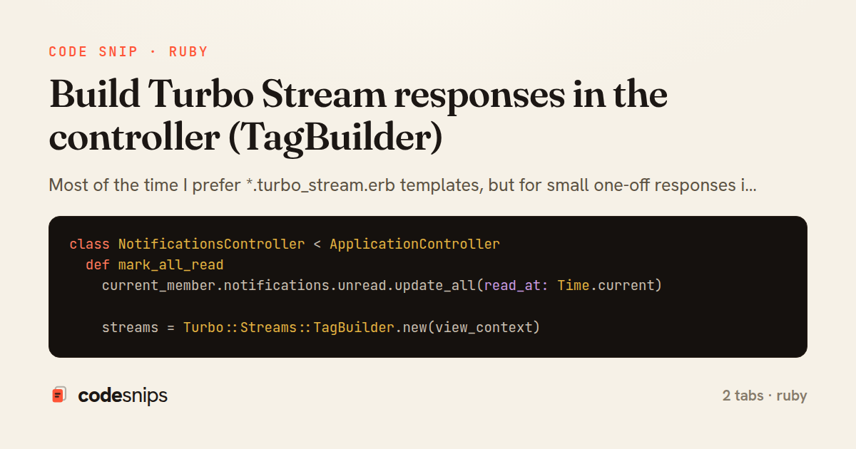 Build Turbo Stream responses in the controller (TagBuilder) — share card
