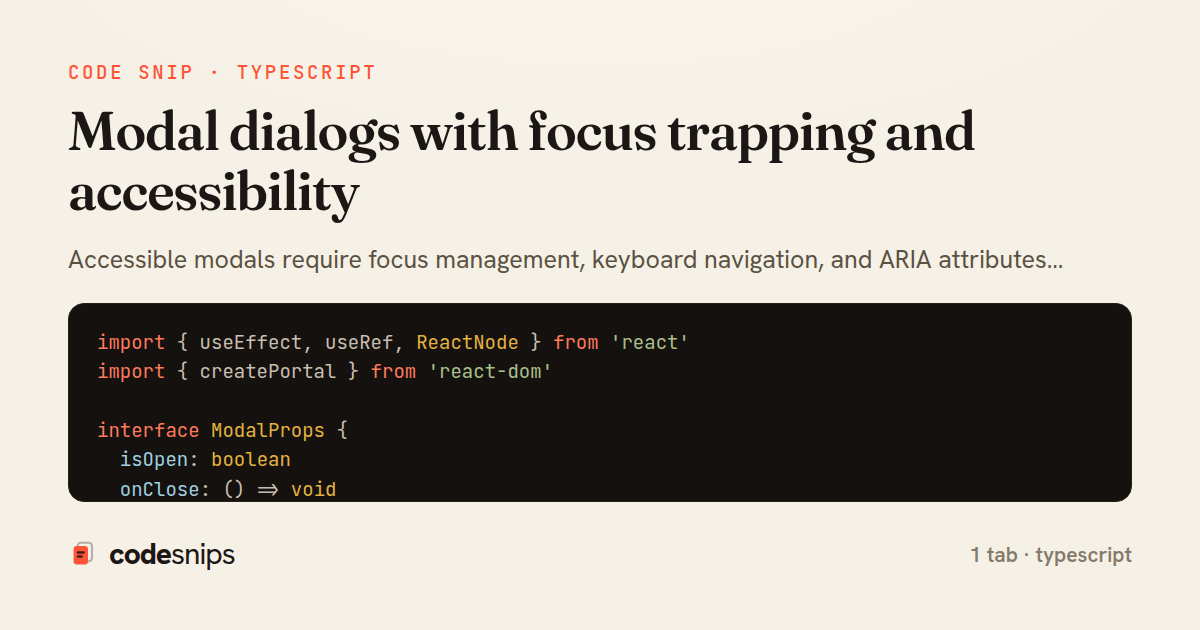 Modal dialogs with focus trapping and accessibility — share card
