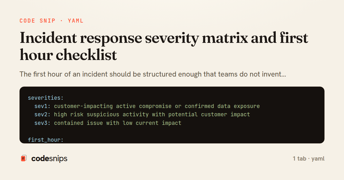 Incident response severity matrix and first hour checklist — share card