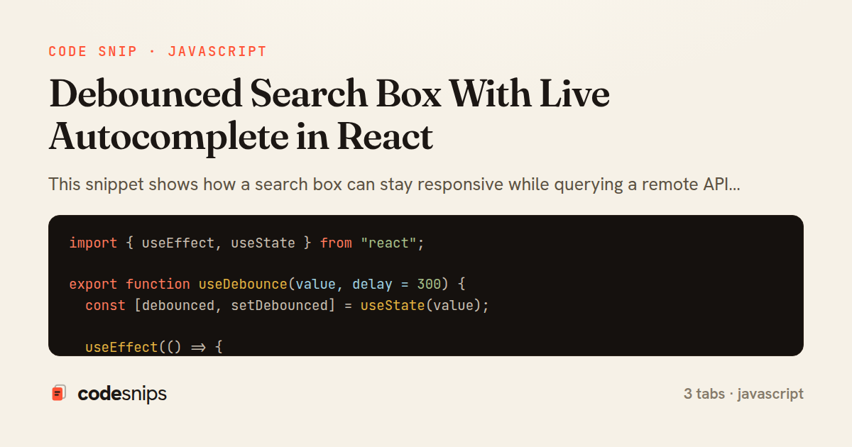 Debounced Search Box With Live Autocomplete in React — share card