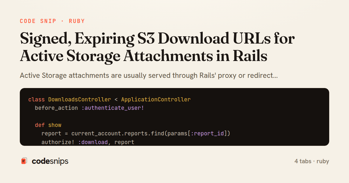Signed, Expiring S3 Download URLs for Active Storage Attachments in Rails — share card