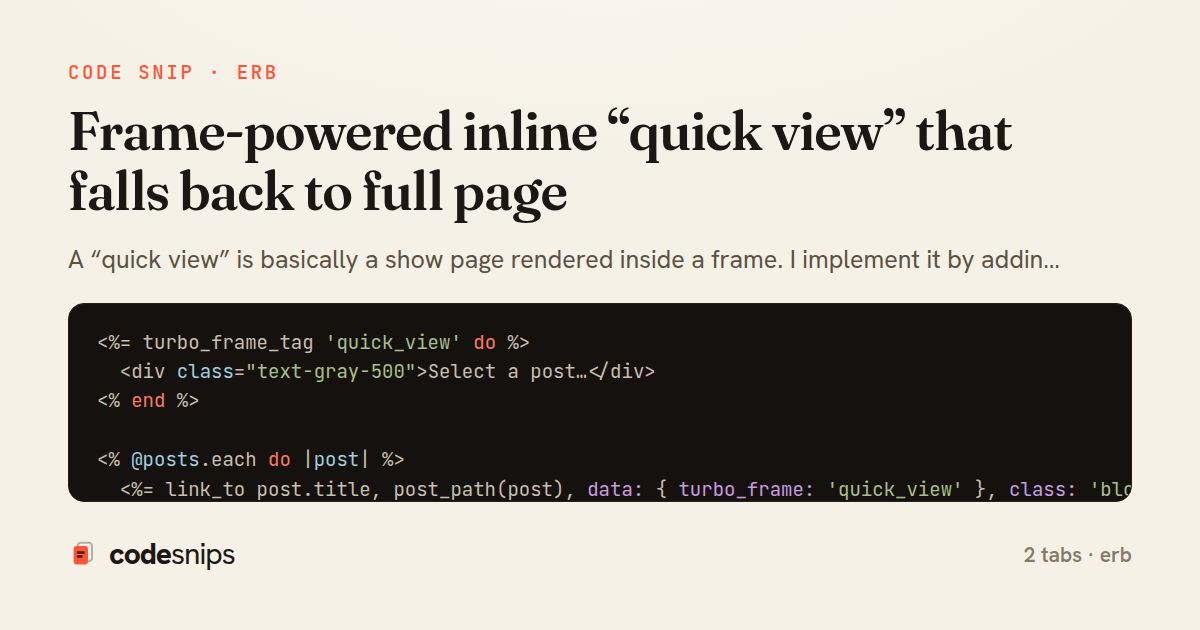 Frame-powered inline “quick view” that falls back to full page — share card