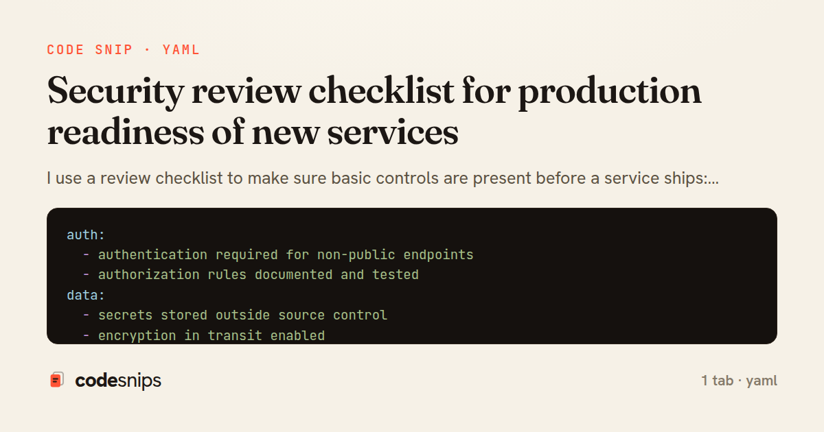 Security review checklist for production readiness of new services — share card