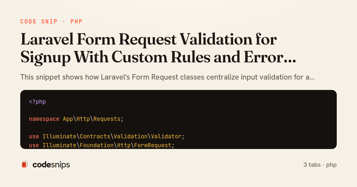 Laravel Form Request Validation for Signup With Custom Rules and Error Responses — share card