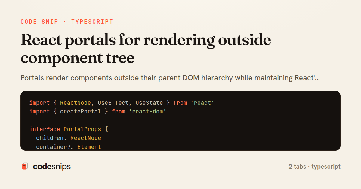 React portals for rendering outside component tree — share card