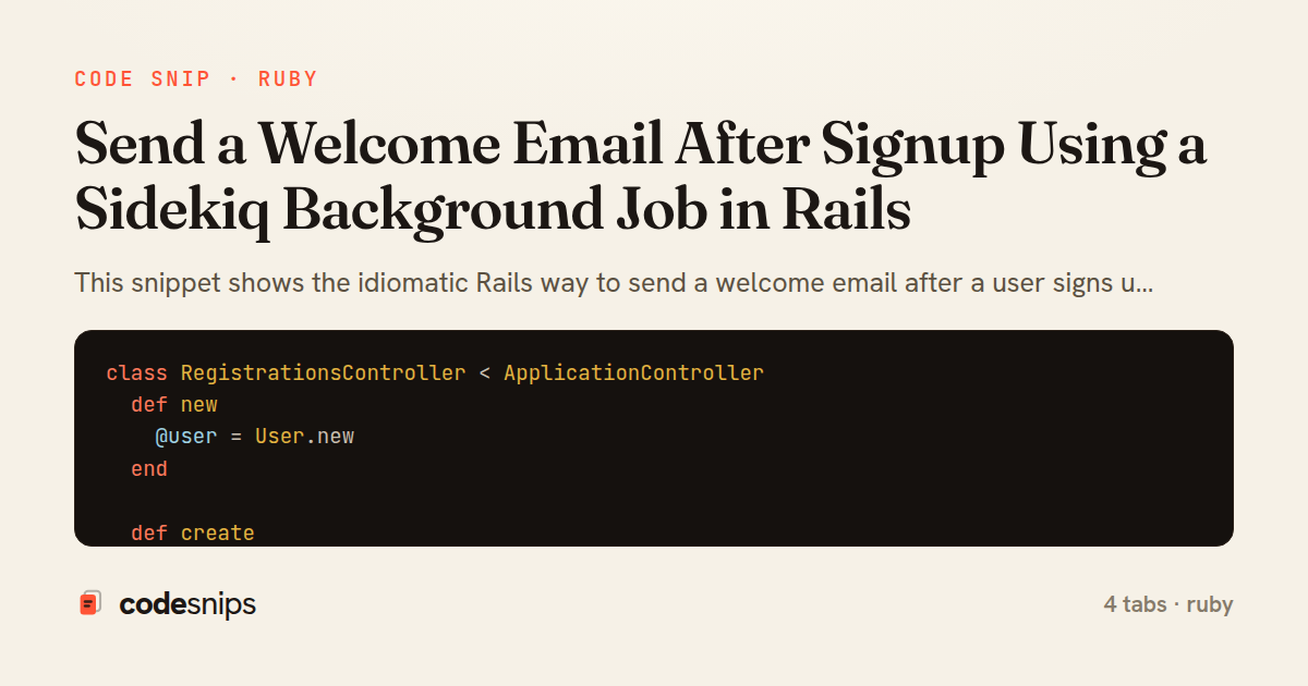 Send a Welcome Email After Signup Using a Sidekiq Background Job in Rails — share card