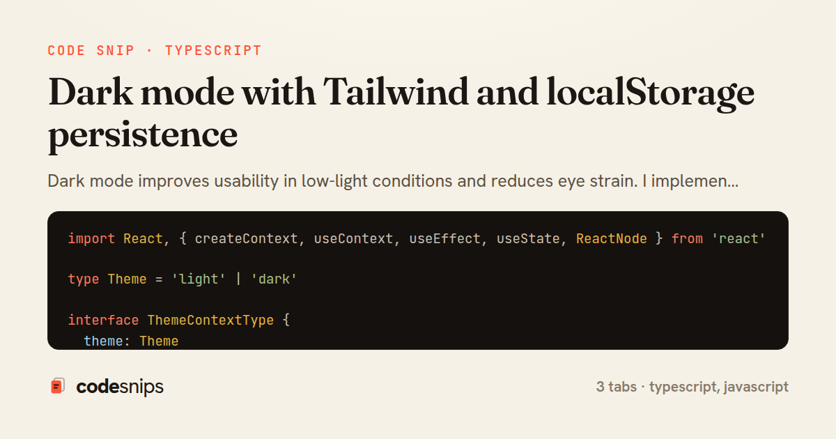 Dark mode with Tailwind and localStorage persistence — share card
