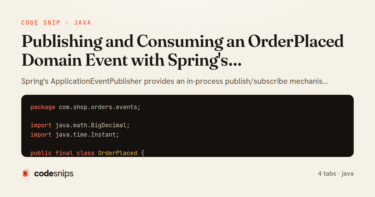 Publishing and Consuming an OrderPlaced Domain Event with Spring's ApplicationEventPublisher — share card