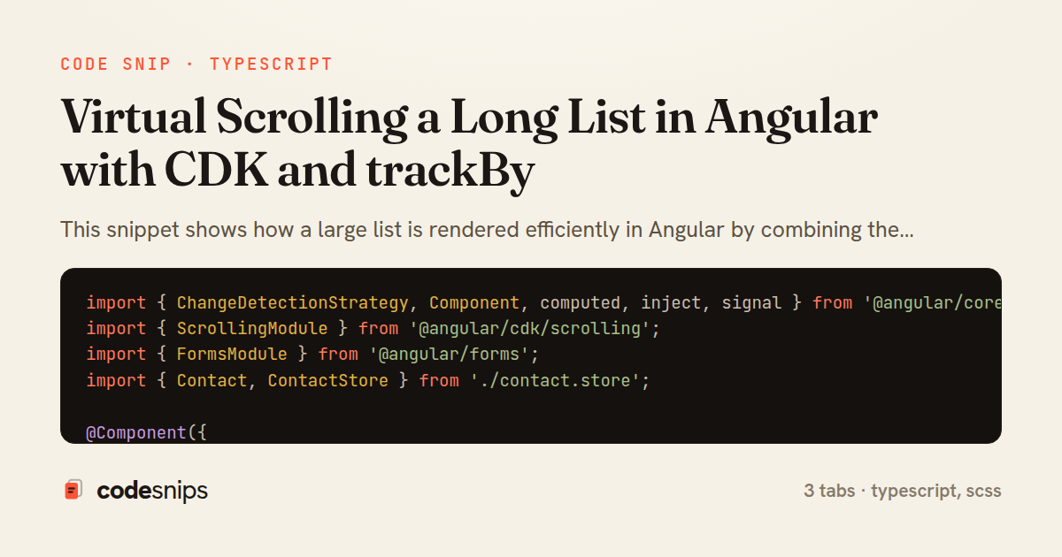 Virtual Scrolling a Long List in Angular with CDK and trackBy — share card