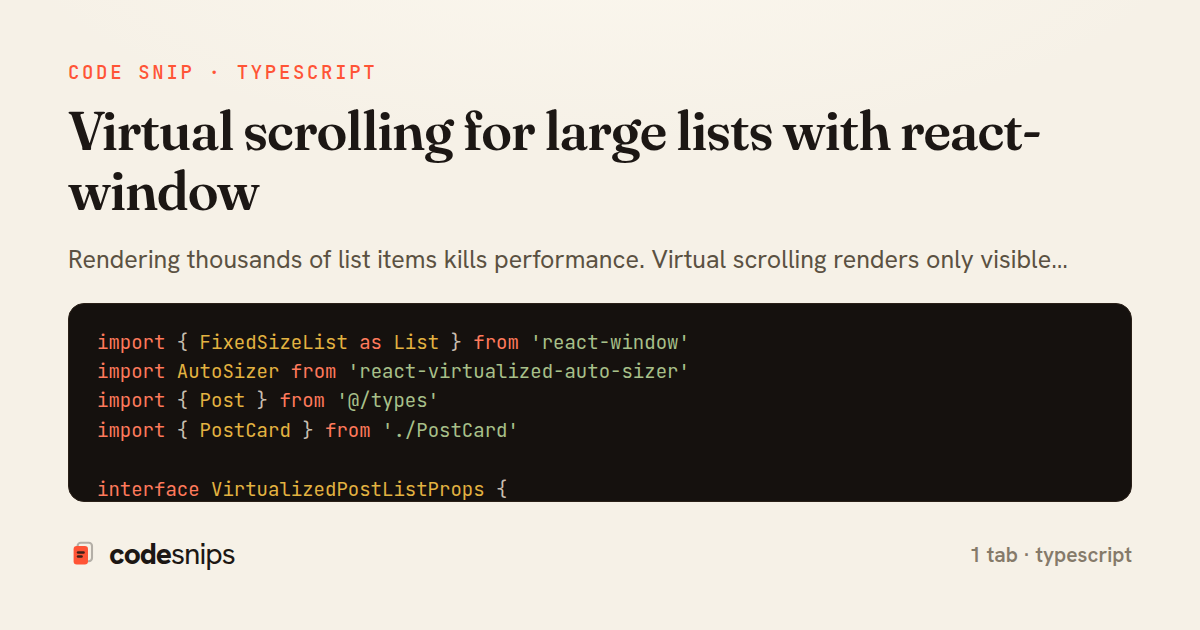 Virtual scrolling for large lists with react-window — share card