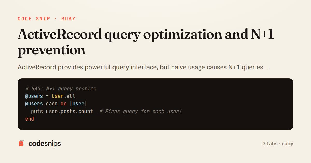 ActiveRecord query optimization and N+1 prevention — share card