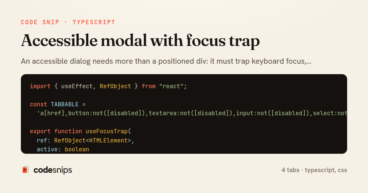 Accessible modal with focus trap — share card