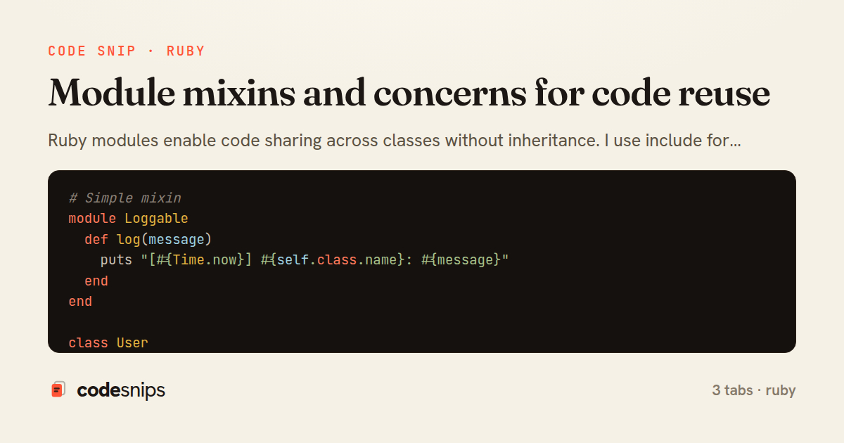Module mixins and concerns for code reuse — share card